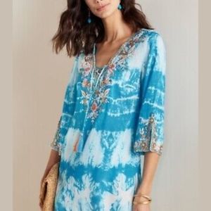 Soft Surroundings Icon Beverly Tunic Beaded Blue Tie Dye Size 2X